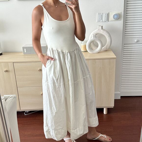 Free People Dylan Midi Dress Womens Medium Boho Poplin Knit Open Back Peasant - Picture 13 of 13